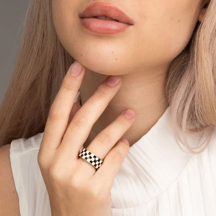 Shop Tri-Colour Checkered Ring- 18k Gold Plated Palmonas-1