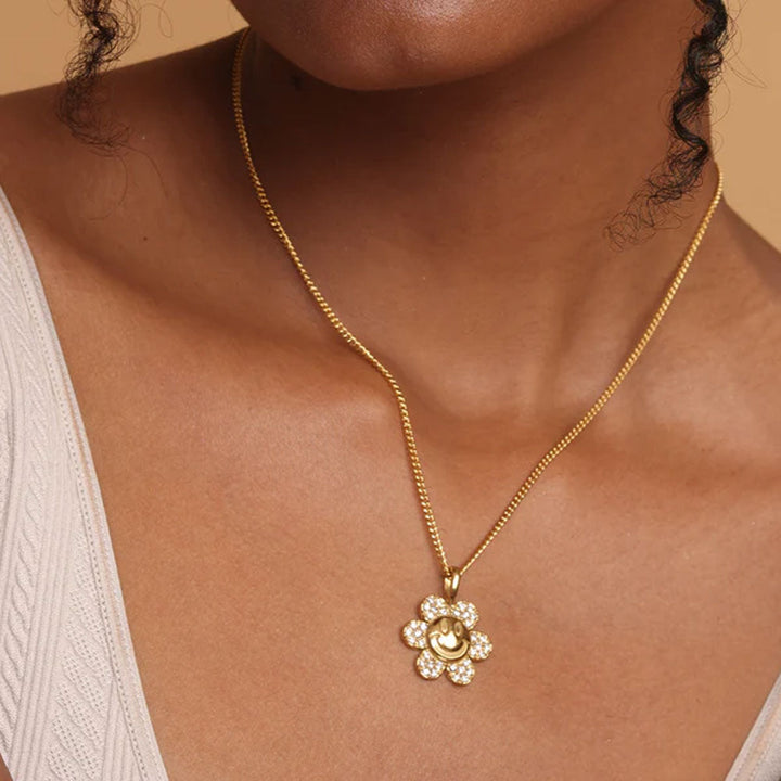 Shop Gold Sunflower Charms Cubic Zirconia Smile Face Pendant | 18K Gold Plated Palmonas-1