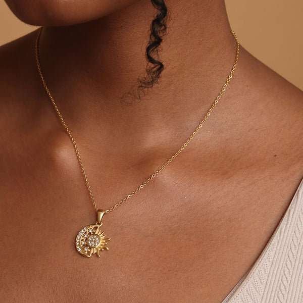 Shop Round Sun Moon Zircon Pendant Necklace | 18k Gold Plated Palmonas-1