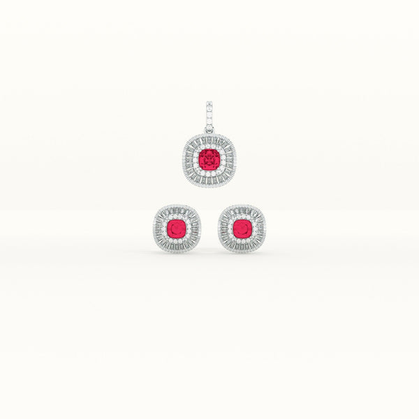 Red Crystal Halo 925 Sterling Silver Pendant Earring Set