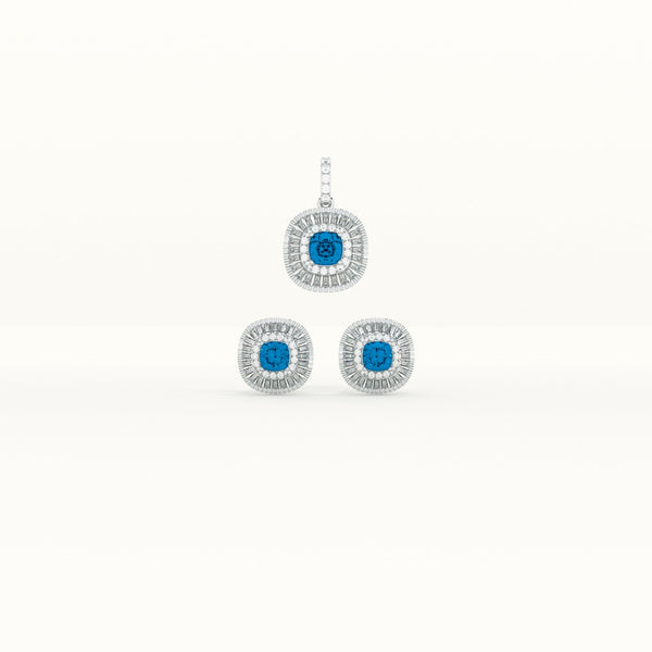 Blue Crystal Halo 925 Sterling Silver Pendant Earring Set