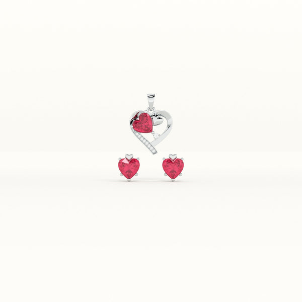 Red Heart 925 Sterling Silver Pendant Earrings Set