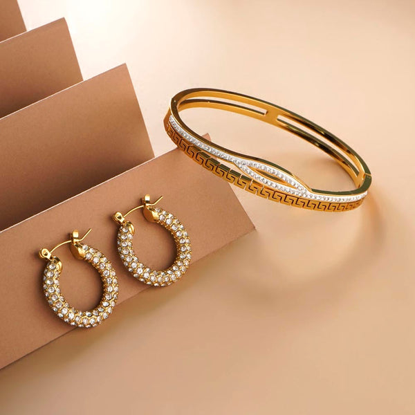 Multi Stone Q Clasp Bracelet & Diamond Studded Hoop Earrings Combo Set