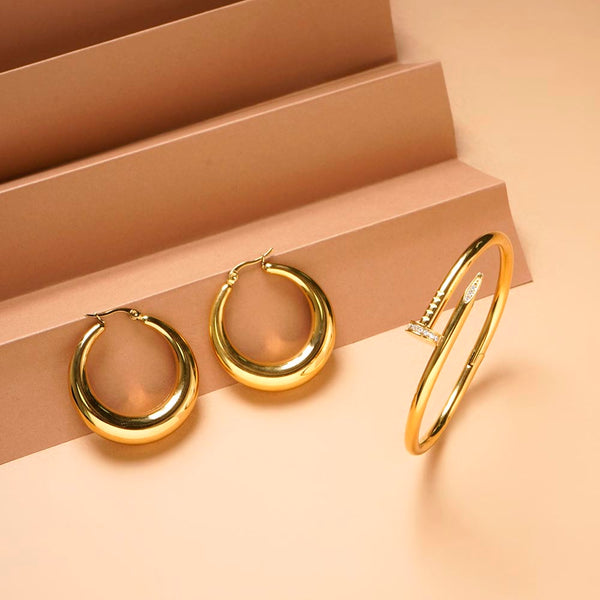 Nail Bangle Bracelet & Chic Chunky Hoop Earrings Combo Set