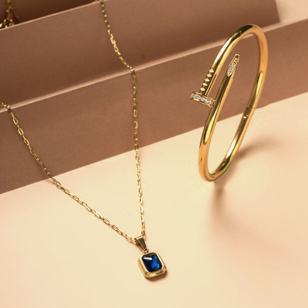 Nail Bangle Bracelet & Everyday Exquisite Blue Stone Gold Necklace Combo Set