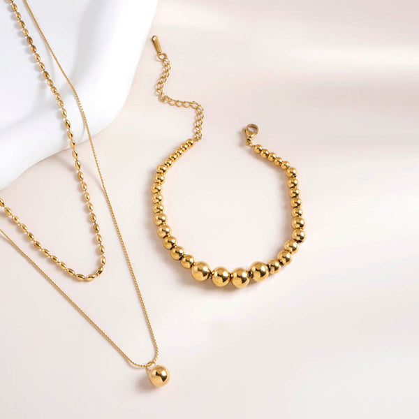 Gold Beaded Bracelet & Two-Layered Bead Necklace Combo Set