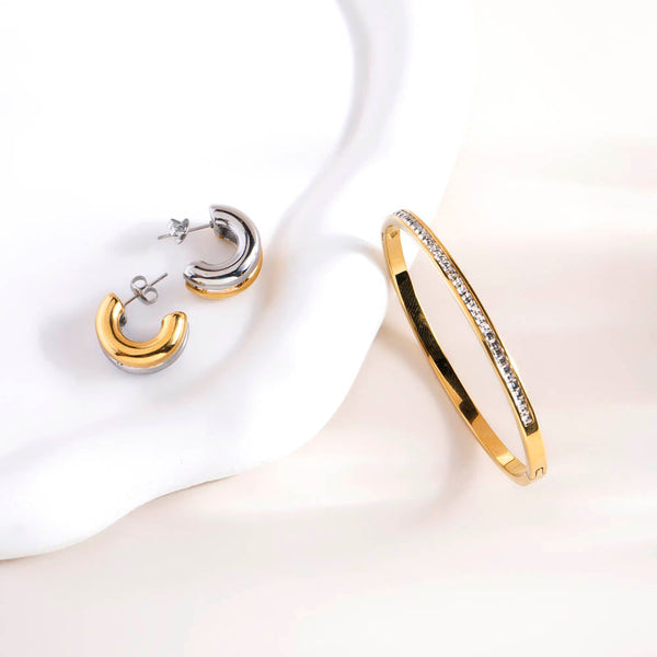 Sparkling Line Bangle Bracelet & Golden Silver Chunky Hoop Earrings Combo Set