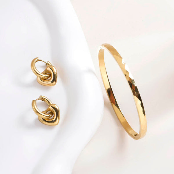 Gilded Haze Bangle Bracelet & Gold Heart Hoop Earrings Combo Set