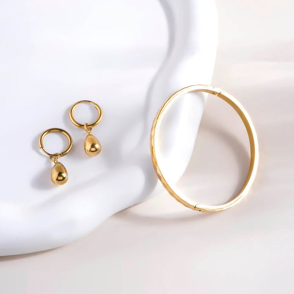 Gilded Haze Bangle Bracelet & Waterdrop Hoop Earrings Combo Set
