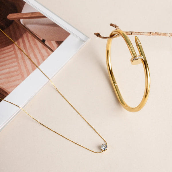 Nail Bangle Bracelet & Delicate Diamond Studded Necklace Jewellery Set