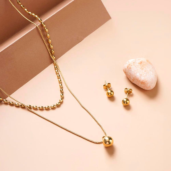 Plain Ball Stud Earrings & Two-Layered Bead Necklace Combo Set