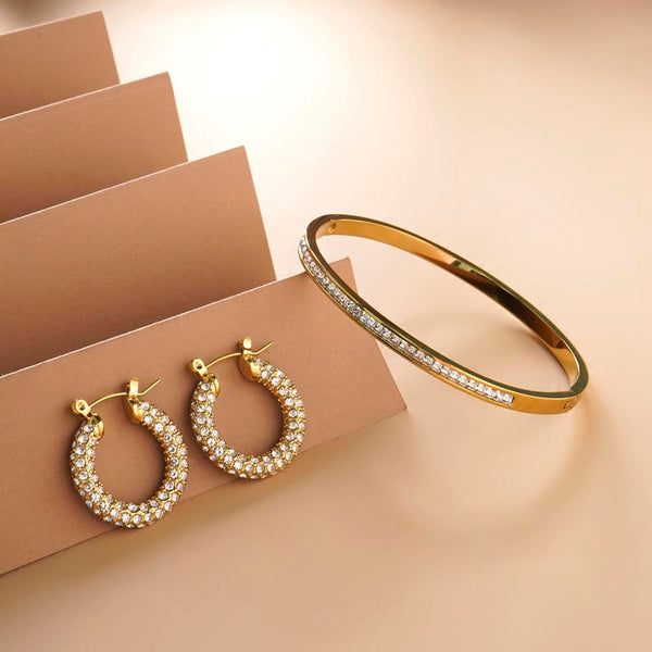 Diamond Studded Hoop Earrings & Sparkling Line Bangle Bracelet Combo Set