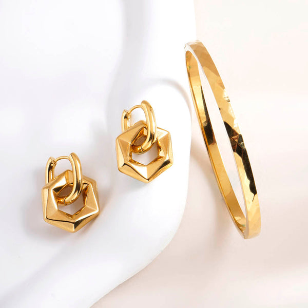 Golden Hexagon Earrings & Gilded Haze Bangle Bracelet Combo Set