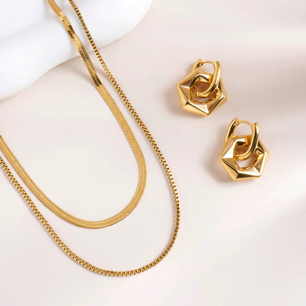 Golden Hexagon Earrings & Double Chain Delight Necklace Combo Set