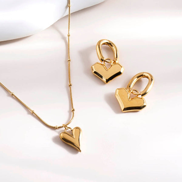 Peripheral Heart Earrings & Heart Ball Chain Pendant Combo Set