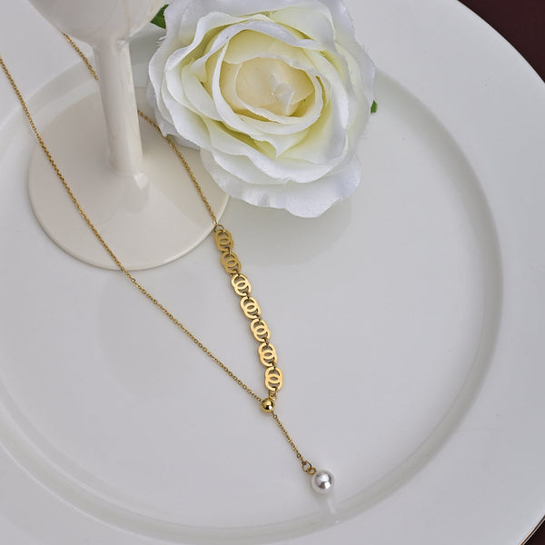 Shop Double Round Geomatric Dangling Pearl Necklace | 18k Gold Plated Palmonas-1