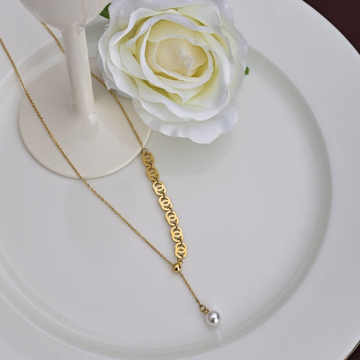 Shop Double Round Geomatric Dangling Pearl Necklace | 18k Gold Plated Palmonas-1