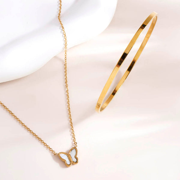 Little Butterfly Necklace & Flat Wire Bangle Bracelet Combo Set
