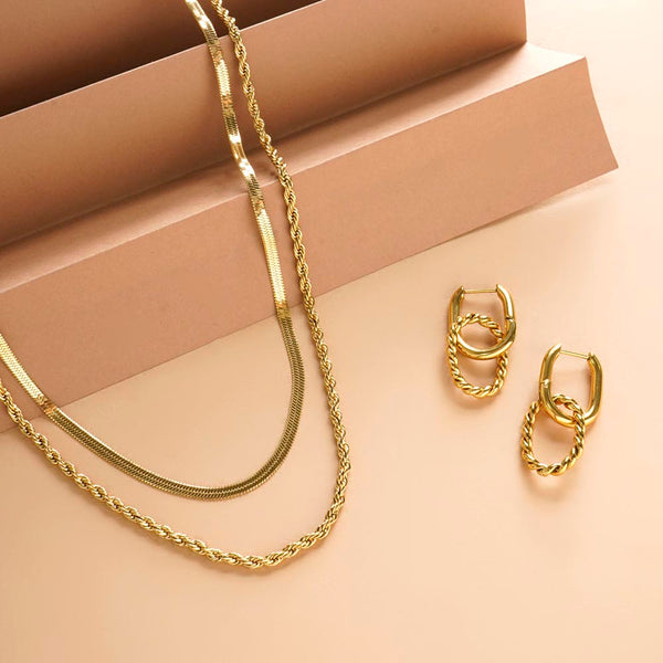 Rope N Snake Chain & Double Rings Hoop Earrings Combo Set