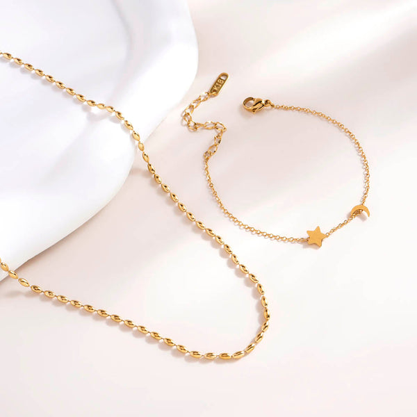 Gold Beaded Necklace & Star Moon Bracelet Combo Set
