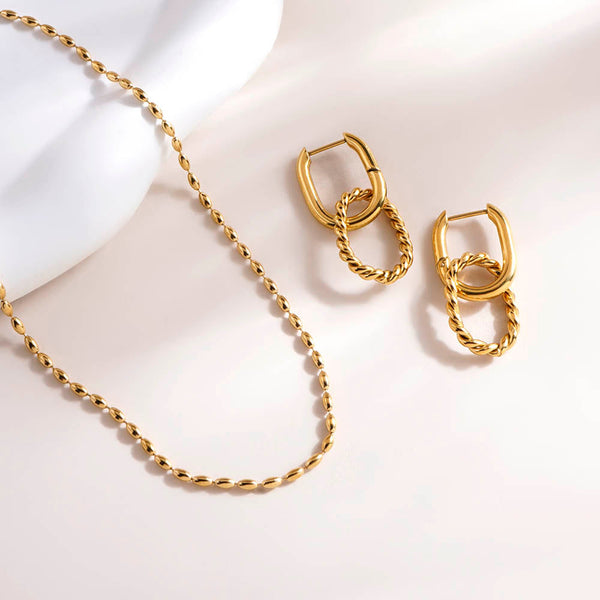 Gold Beaded Necklace & Double Rings Hoop Earrings Combo Set