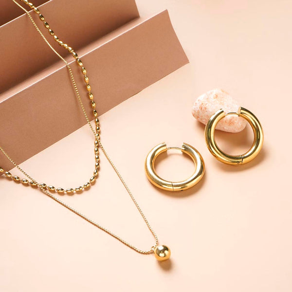 Two-Layered Bead Necklace & Classic Round Hoop Earrings Combo Set