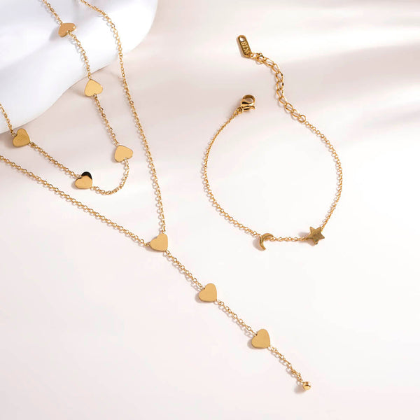 Two-Layered Heart Charm Necklace & Star Moon Bracelet Combo Set