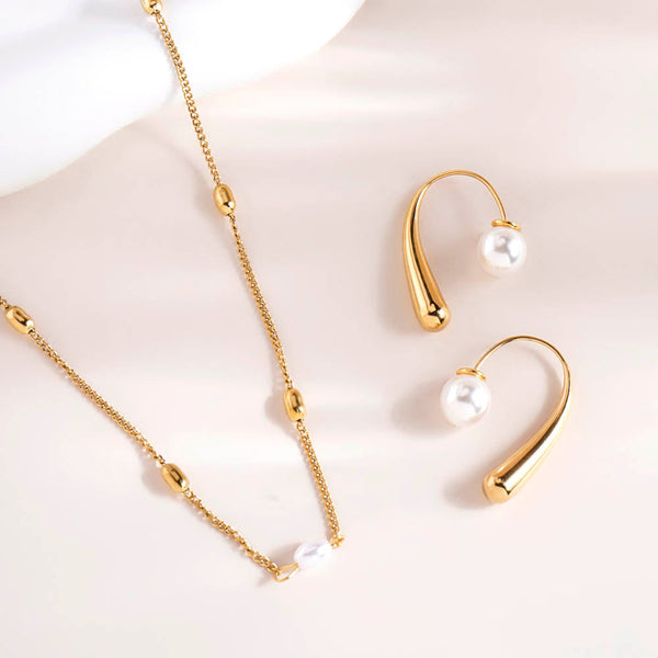 Single Pearl Necklace & Pearl Hook Earrings Combo Set