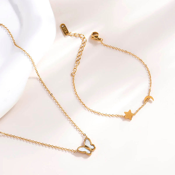 Star Moon Bracelet & Little Butterfly Necklace Combo Set