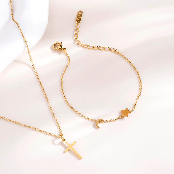 Star Moon Bracelet & Golden Cross Necklace Combo Set
