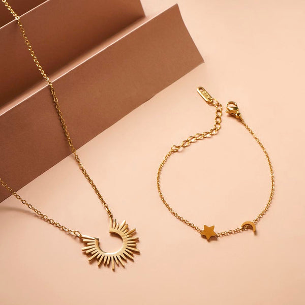 Star Moon Bracelet & Sun Rays Necklace Combo Set