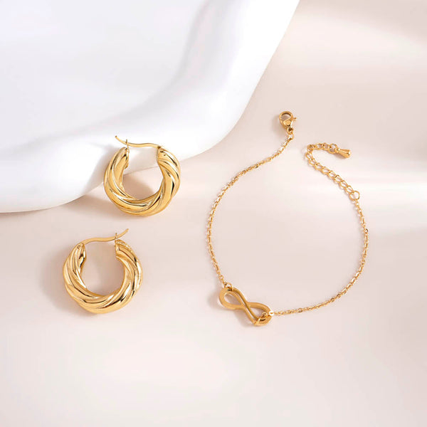 Twisted Round Hoop Earrings & Infinity Charm Bracelet Combo Set