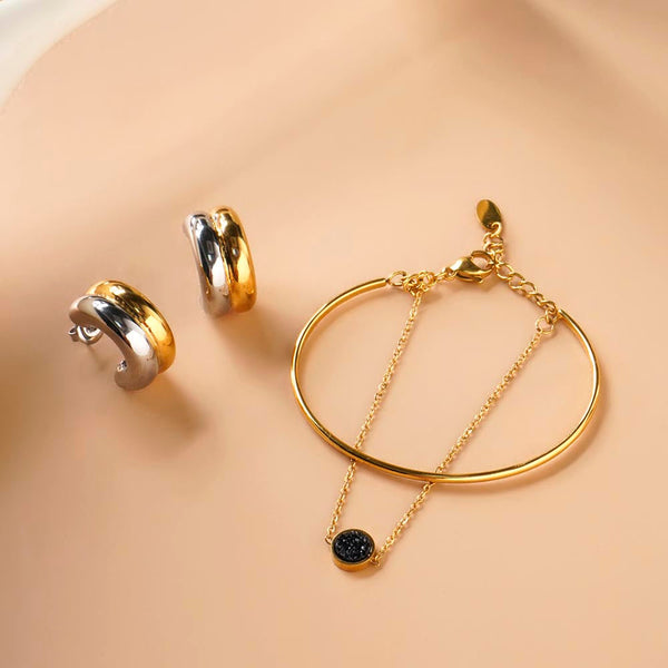 Golden Silver Chunky Hoop Earrings & Double Layer Stone Cuff Bracelet Combo Set