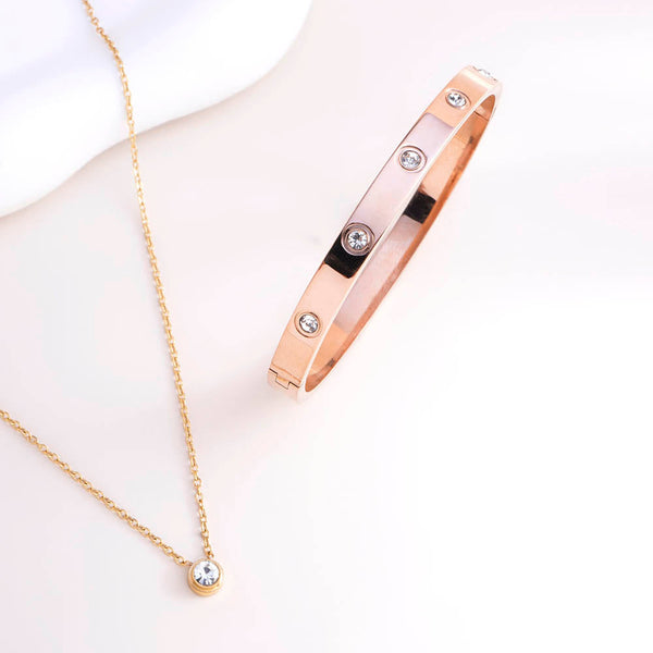 Stone & Strand Necklace & Crystal Love Bangle Bracelet Combo Set