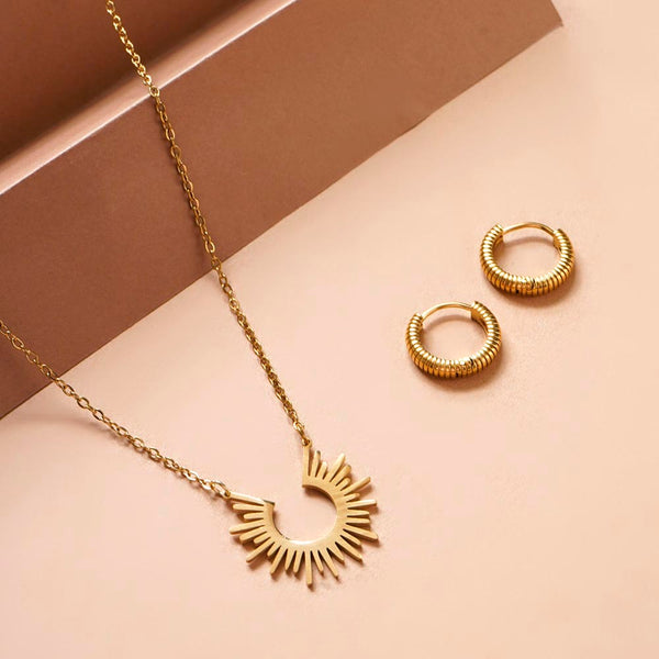 Sun Rays Necklace & Classic Textured Hoops Combo Set
