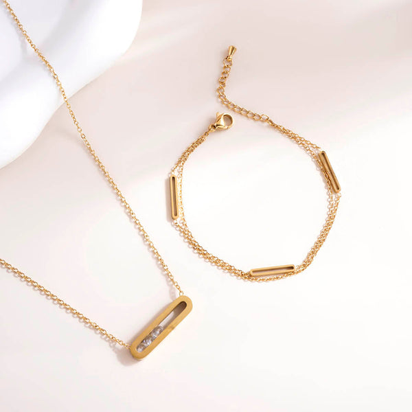 Stones Bar Necklace & Bar Charm Bracelet Combo Set