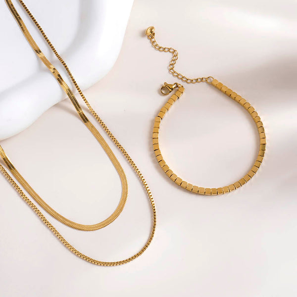 Gold Cube Chain Bracelet & Double Chain Delight Necklace Combo Set