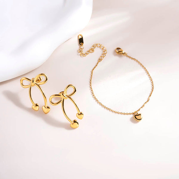 Unique Gold Bow & Heart Drop Earrings & Cute Heart Bracelet Combo Set