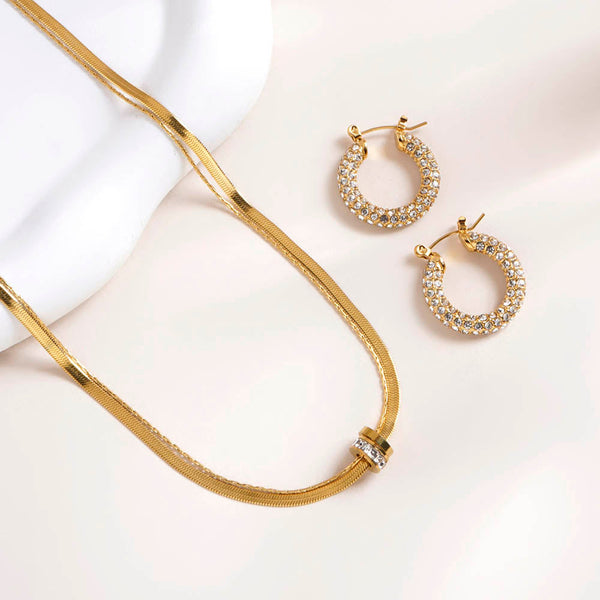 Gilded Rings Layered Necklace & Diamond Studded Hoop Earrings Combo Set