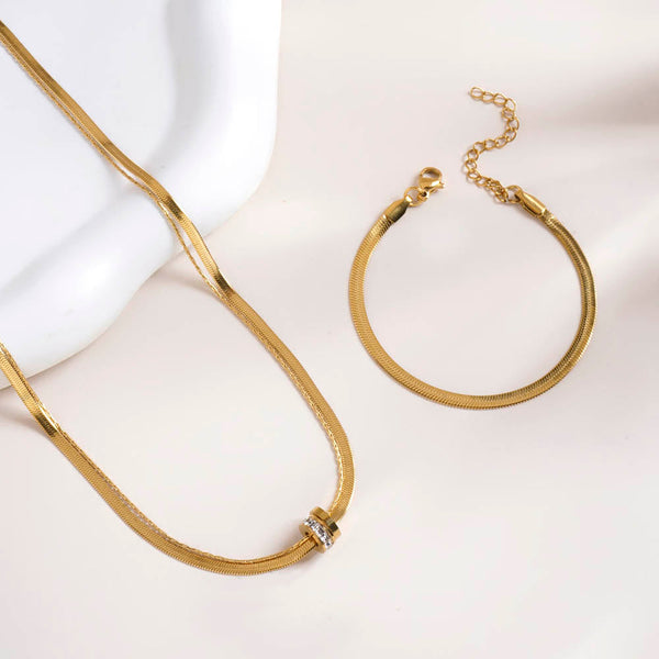 Gilded Rings Layered Necklace & Snake Charm Bracelet Combo Set