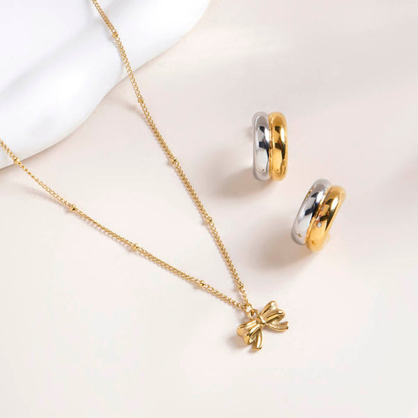 Ribbon Pendant Necklace & Golden Silver Chunky Hoop Earrings Combo Set