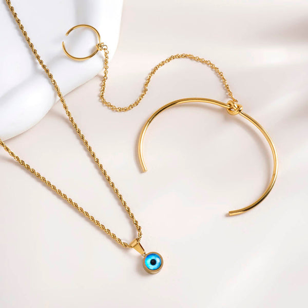 Evil-Eye Spiral Necklace & Cuff Bracelet With Ring Combo Set