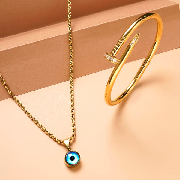 Evil-Eye Spiral Necklace & Nail Bangle Bracelet Combo Set