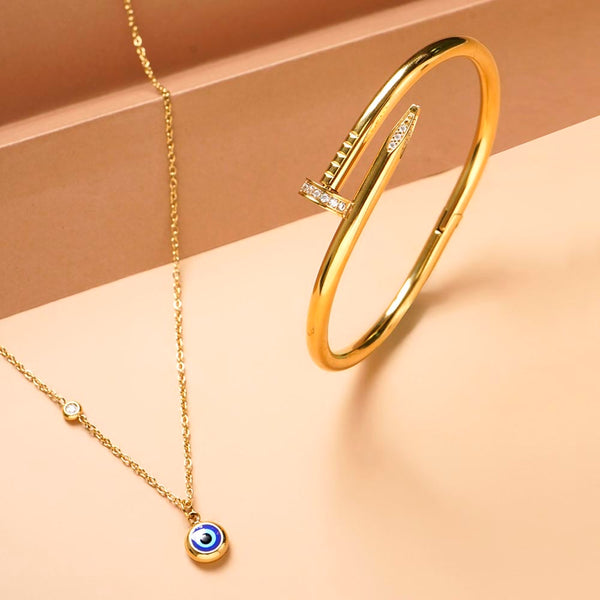 Evil Eye Necklace & Nail Bangle Bracelet Combo Set
