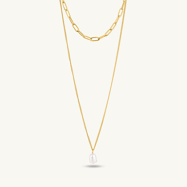 Layered Chain Necklace with Pearl Drop