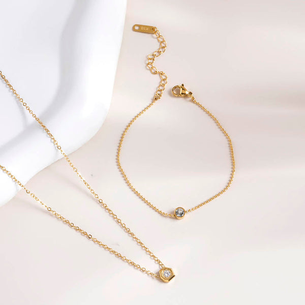 White Gemstone Gold Chain Necklace & Solitary Spark Bracelet Combo Set