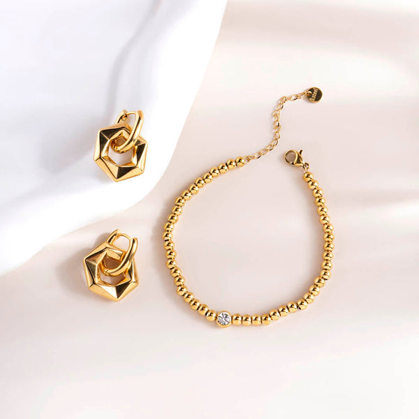 Beads of Joy Chain Bracelet & Golden Hexagon Earrings Combo Set