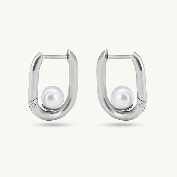 Silver U Pearl Hoop Earrings
