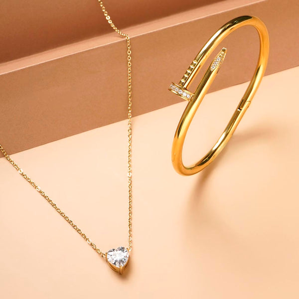 Sparkling Hearts Gold Necklace & Nail Bangle Bracelet Combo Set
