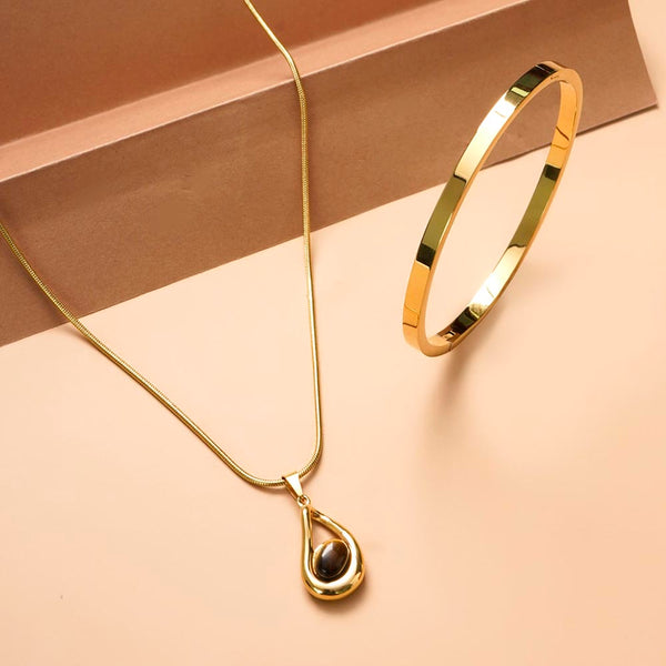 Gold Teardrop Necklace & Plain Stackable Bangle Bracelet |4MM Combo Set